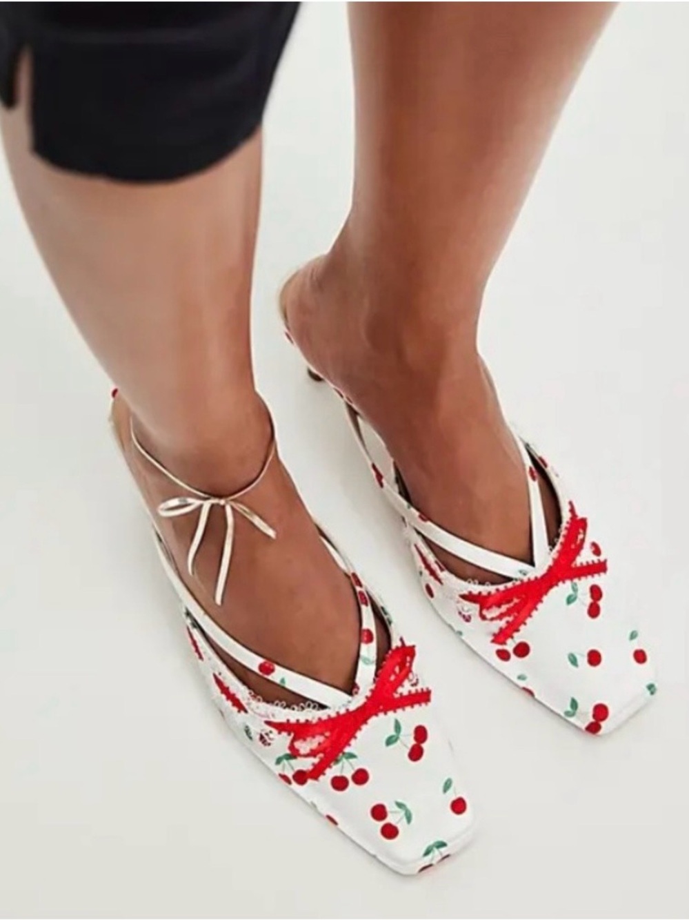 For Love And Lemons White Satin Cherry Lace Kitten Heels